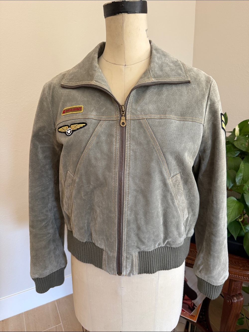 Vintage Wilsons Leather Olive Green Suede Bomber Jacket Miss Army Top Gun Style